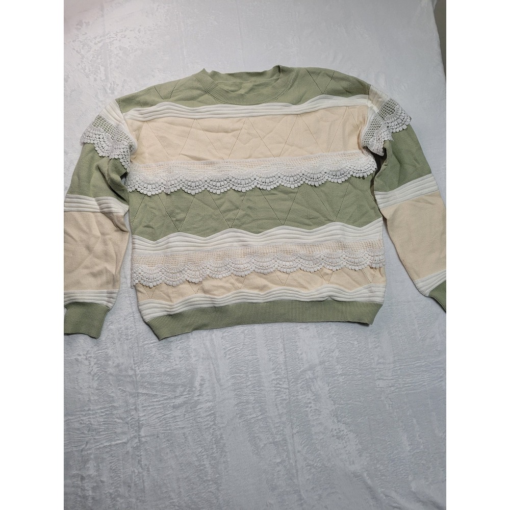 Unbranded Crochet Lace Colorblock Sweater Women XL Green Cream Boho
